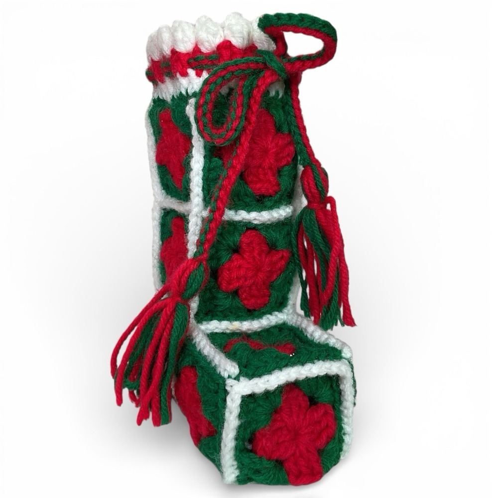 Vintage Christmas Boot Handmade Granny Square Cottagecore Crochet Red Green